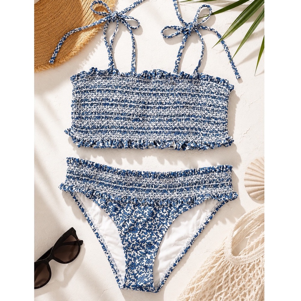 Tory Burch Blue and White Smocked Bikini Set